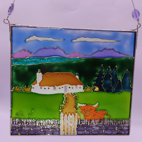 Handmade glass painted window hanging, Highland croft, mountains & highland cow
