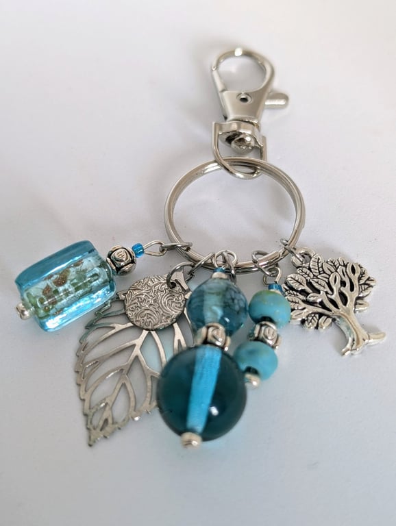 Venetian Bead Bag Charm: Turquoise and Silver, Keyring and Lobster Clasp
