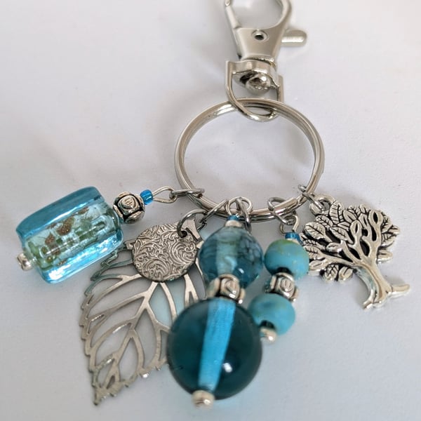 Venetian Bead Bag Charm: Turquoise and Silver, Keyring and Lobster Clasp
