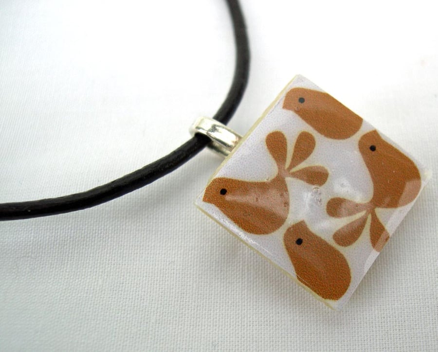 Unusual Gift Brown Leather thong Ceramic Tile Retro print  Resin Pendant