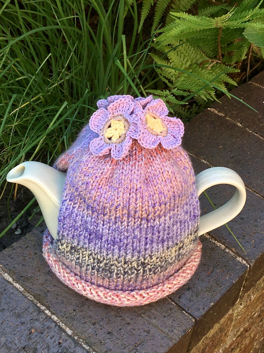 Pastel Tea Cosy with Crochet Flowers, Large 6-8 Cup Tea Cozy