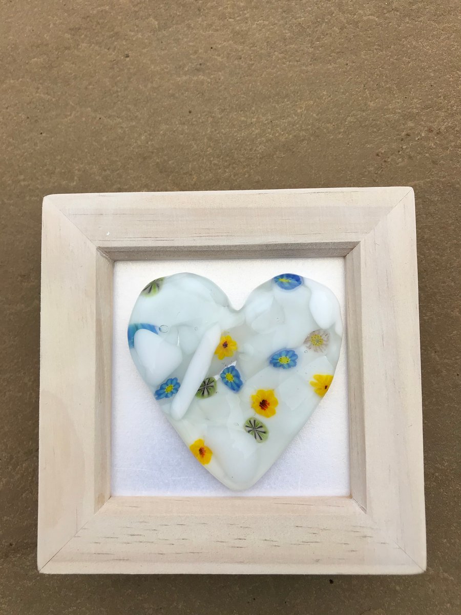 Fused glass cast heart with delicate sunflower and forget me not flowers