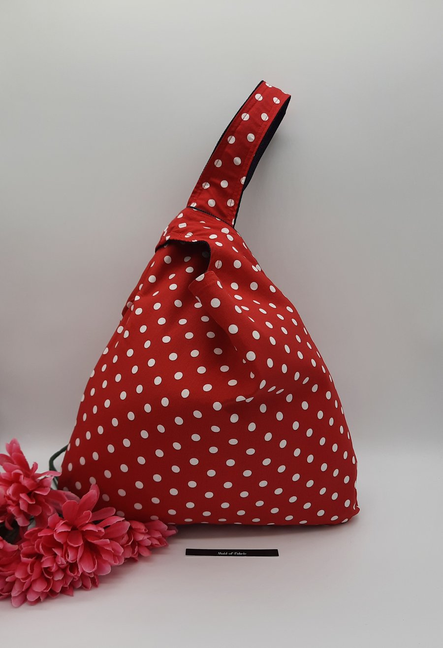 Knot bag reversible, denim and red polkadot, medium size, free UK delivery 