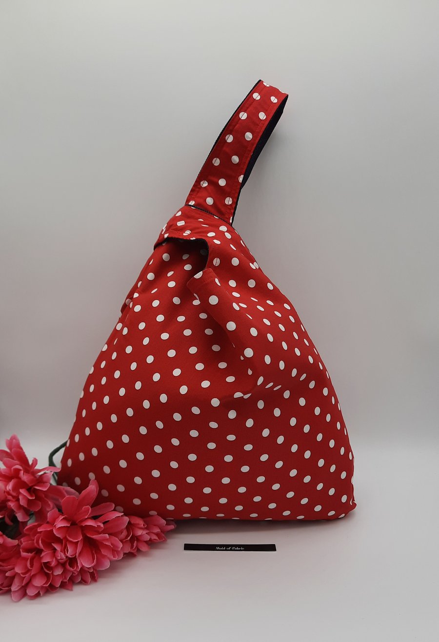 Knot bag reversible denim and red polkadot me. Folksy