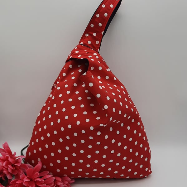 Japanese knot bag, medium, shoulder handbag, denim and red polkadot 