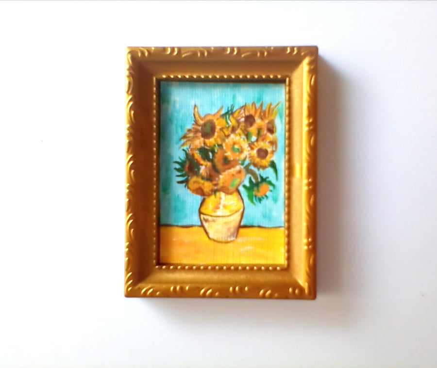 Dolls House Original Miniature Painting Picture Frame Sunflowers