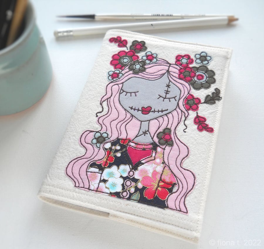 freemotion embroidered floral lady zombie A6 sketchbook notebook pink
