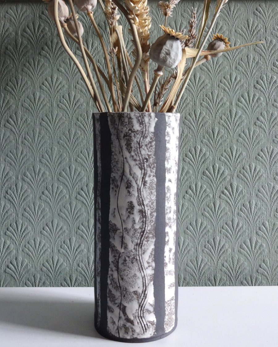 Ceramic vase handmade black & white. Unusual abstract art design home accessory.