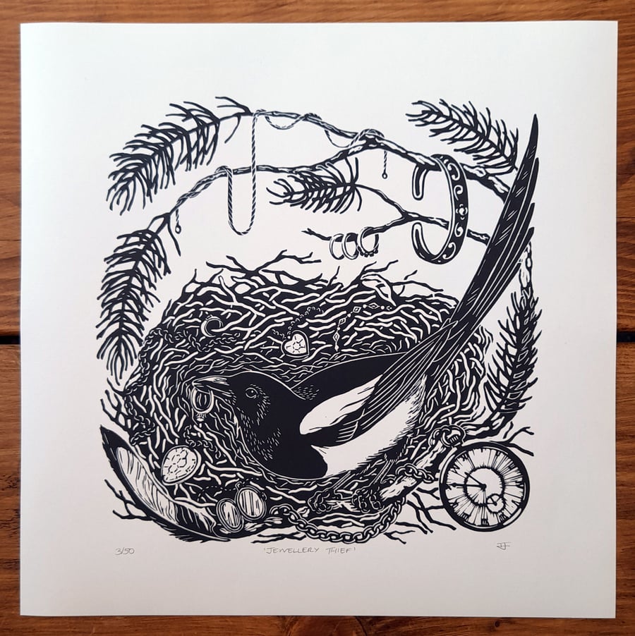 Jewellery Thief - limited edition lino print of a magpie nest with treasure