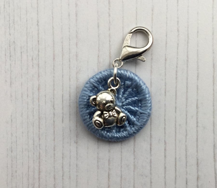 Charm for a Bag, Zip,or a Journal with a Blue Dorset Button and Teddy Bear