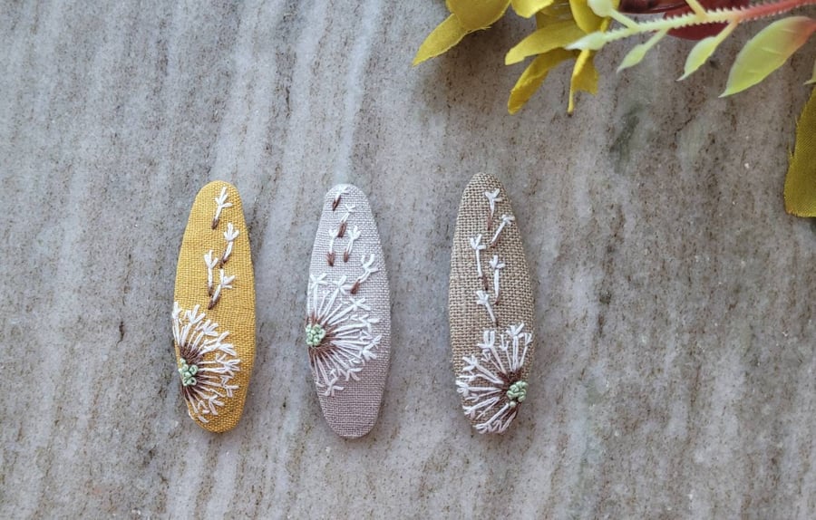 Hand embroidered hair clips dandilion mustard brown grey girls and todler Floral