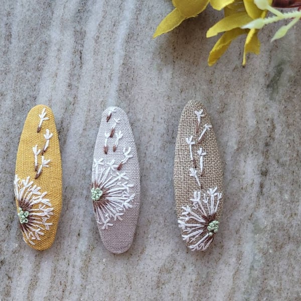 Hand embroidered hair clips dandilion mustard brown grey girls and todler Floral