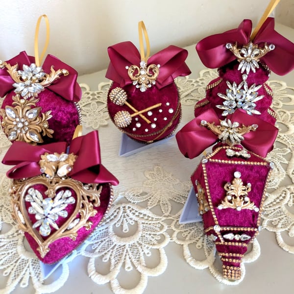 Set od 5 big velvet christmas tree ornaments