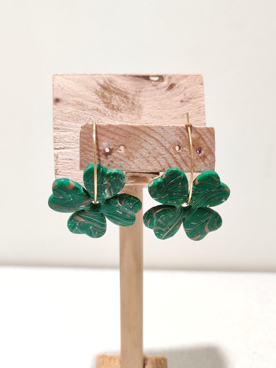 Four leaf clover green hoop earrings 