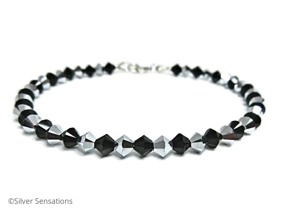 Black & Silver Crystals Sterling Silver Tennis Style Bracelet