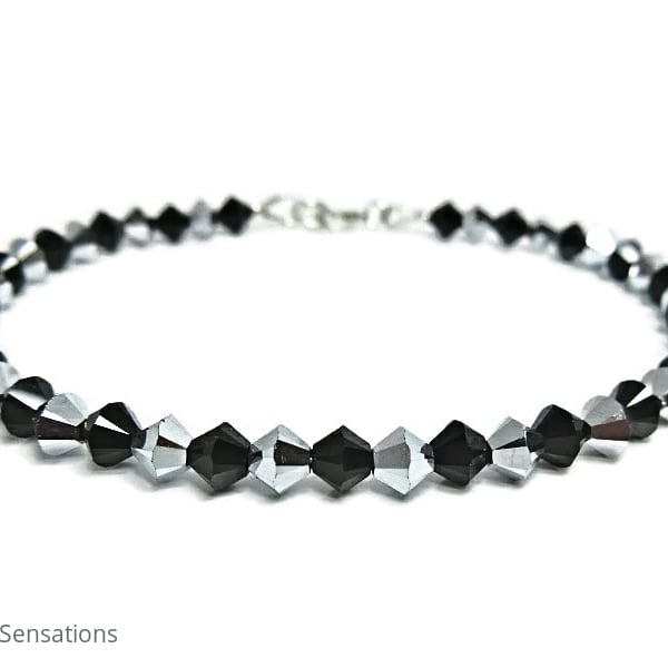 Black & Silver Crystals Sterling Silver Tennis Style Bracelet