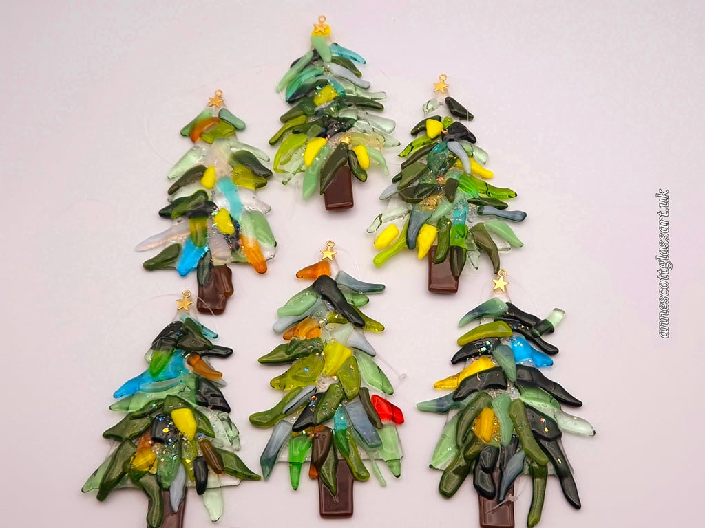 Handmade Fused Glass 3D Christmas Tree, decoration Greens, Opaline. Brown