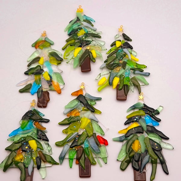 Handmade Fused Glass 3D Christmas Tree, decoration Greens, Opaline. Brown
