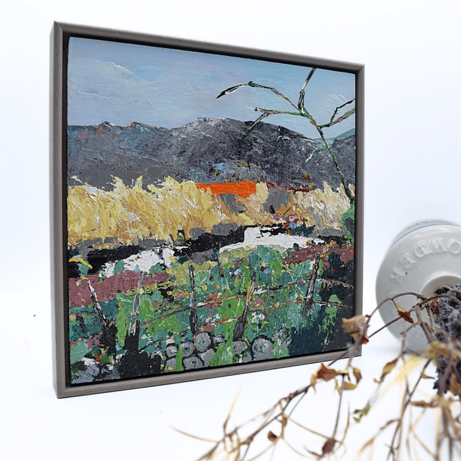 Framed Scottish landscape - acrylic - mountain range, tree painting 