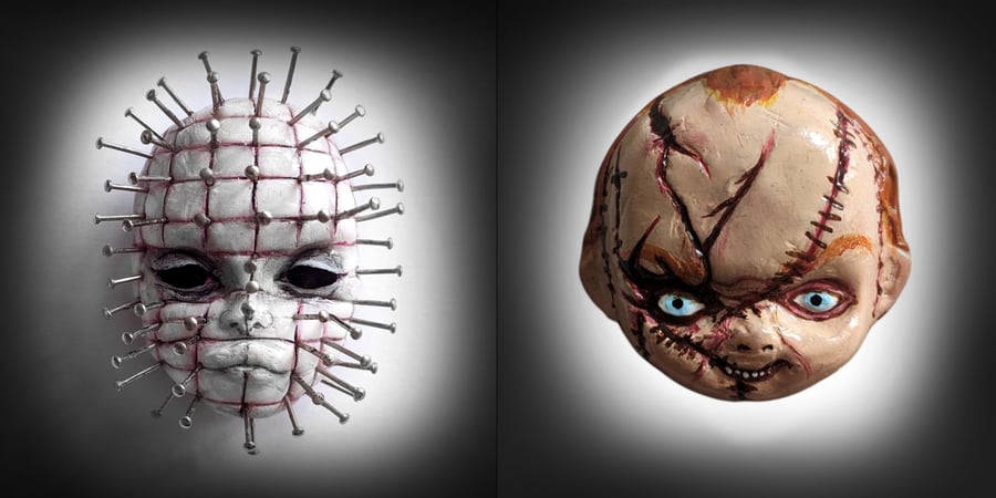 Handmade clay horror brooch - Chucky or Pinhead! xmas gift for halloween fans
