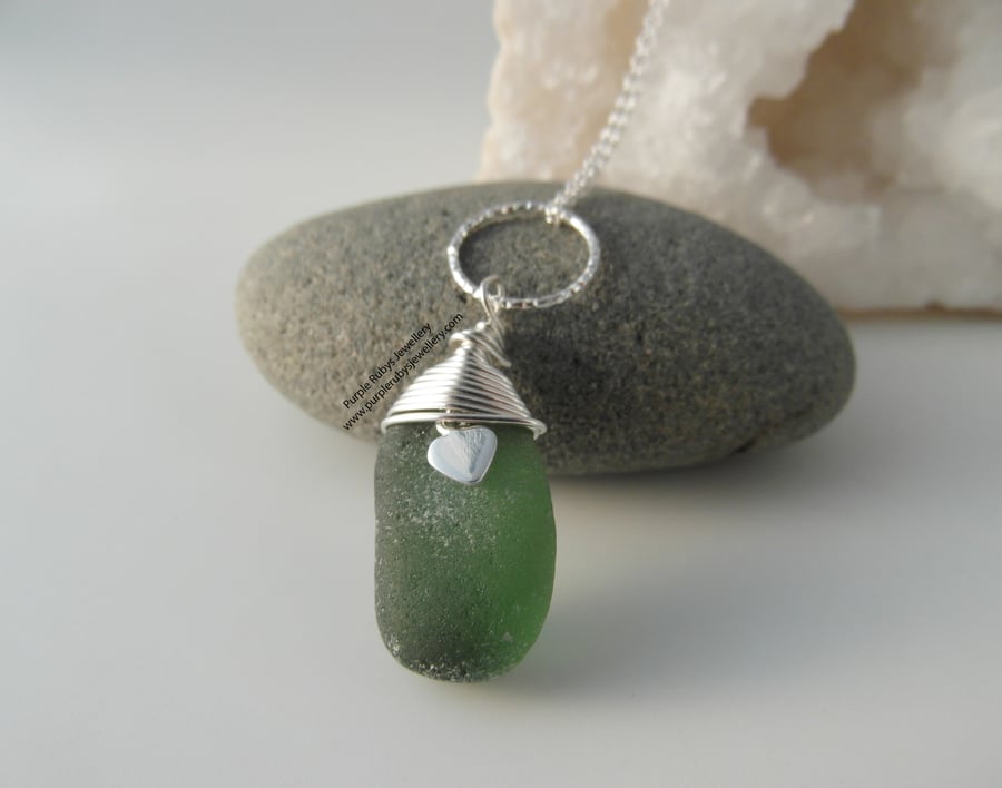 Dark Green Cornish Sea Glass Necklace, Heart Charm, Sterling Silver N535