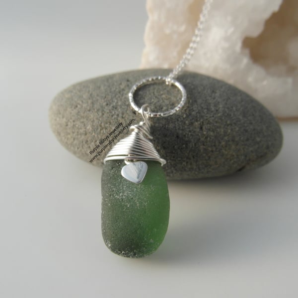 Dark Green Cornish Sea Glass Necklace, Heart Charm, Sterling Silver N535
