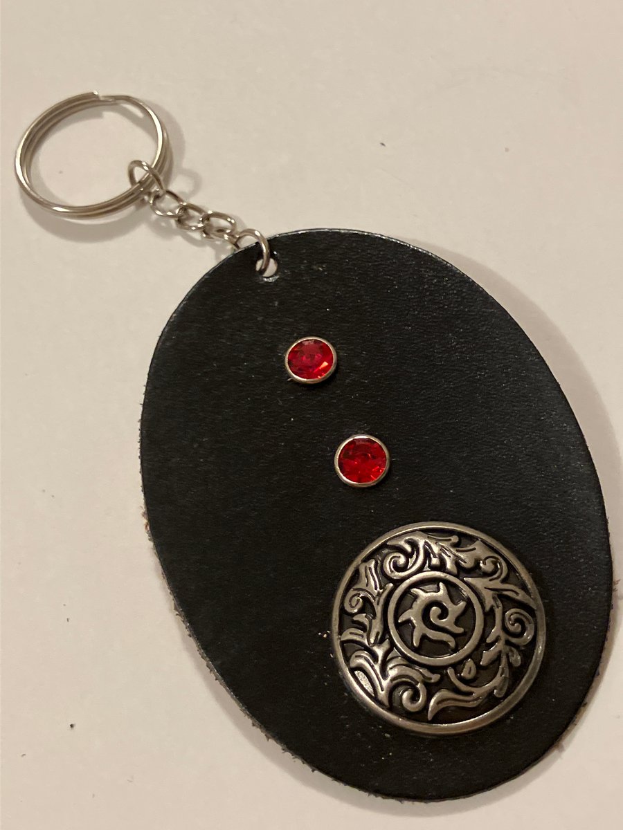 Black Leather Keyring with Decorative Design and 2 Red Gemstones
