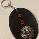 Black Leather Keyring with Decorative Design and 2 Red Gemstones