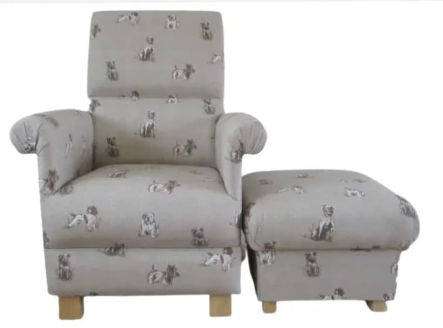 Dogs Armchair & Footstool Adult Chair Pouffe in Fryetts Pooches Fabric Natural