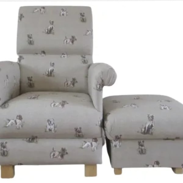 Dogs Armchair & Footstool Adult Chair Pouffe in Fryetts Pooches Fabric Natural