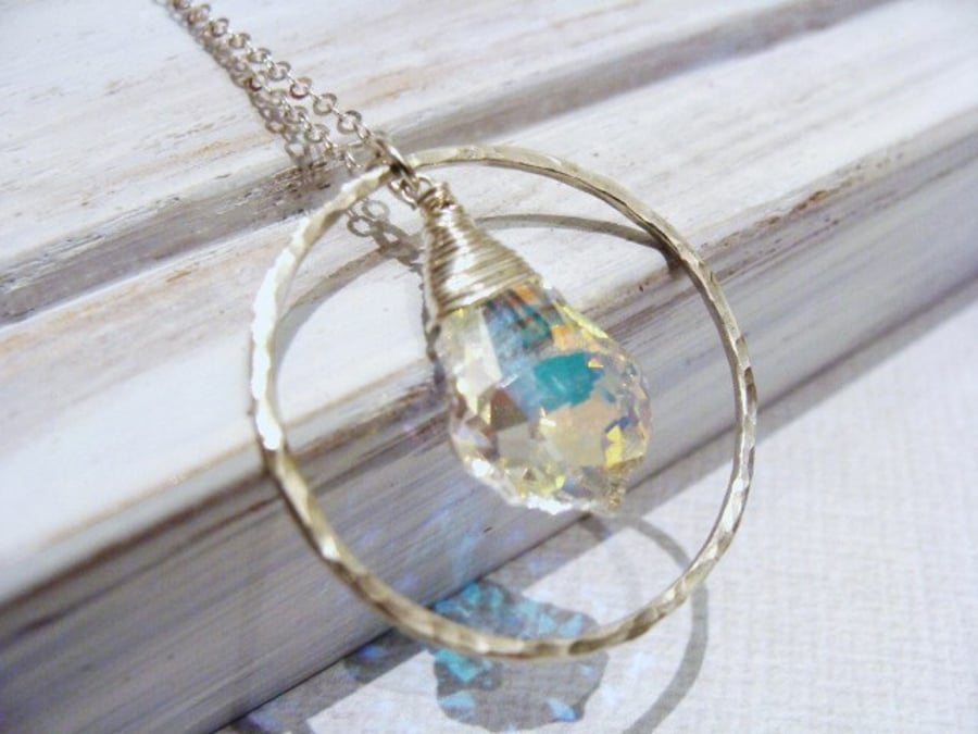 Sterling Silver Hammered Circle Pendant Necklace Crystal AB Swarovski Baroque