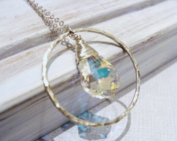Sterling Silver Hammered Circle Pendant Necklace Crystal AB Swarovski Baroque
