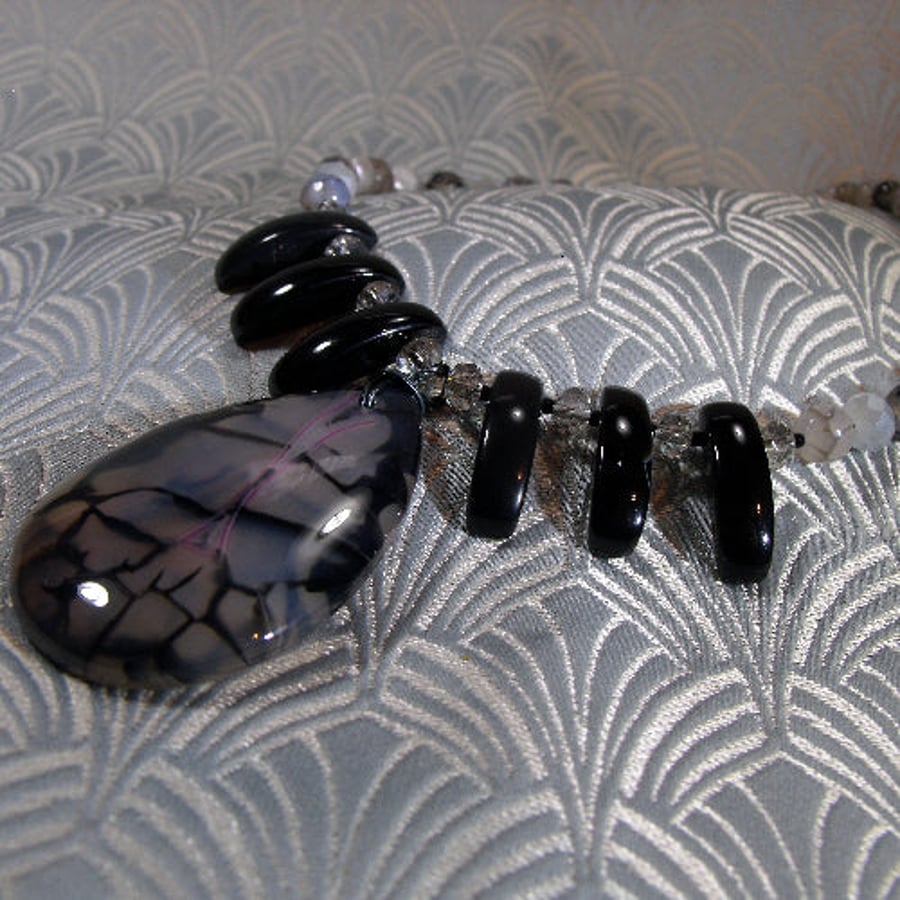 Handmade Black Grey Necklace, Handmade Semi-Precious Necklace NM5