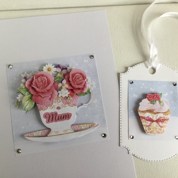 Mothers day card. Birthday. Decoupage card for Mum. Card and gift tag set. CC818