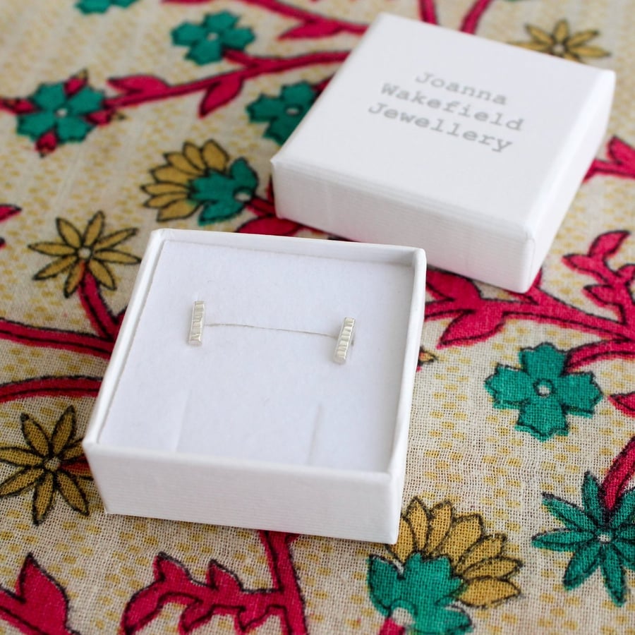 Stick earrings, silver earrings, bark texture