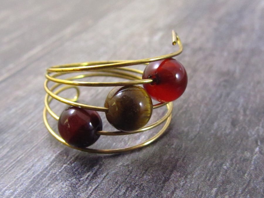 Tiger's Eye Ring, Gold Memory Wire Ring