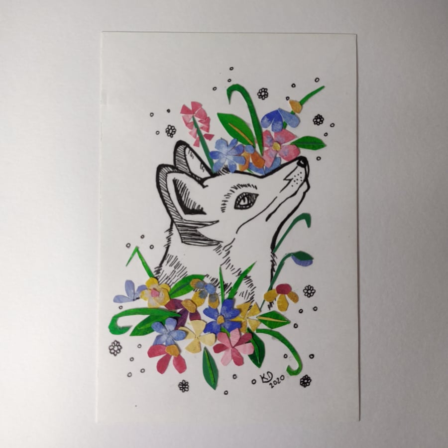 Handmade Mixed Media Fox and Flowers Art - Ink and Collage