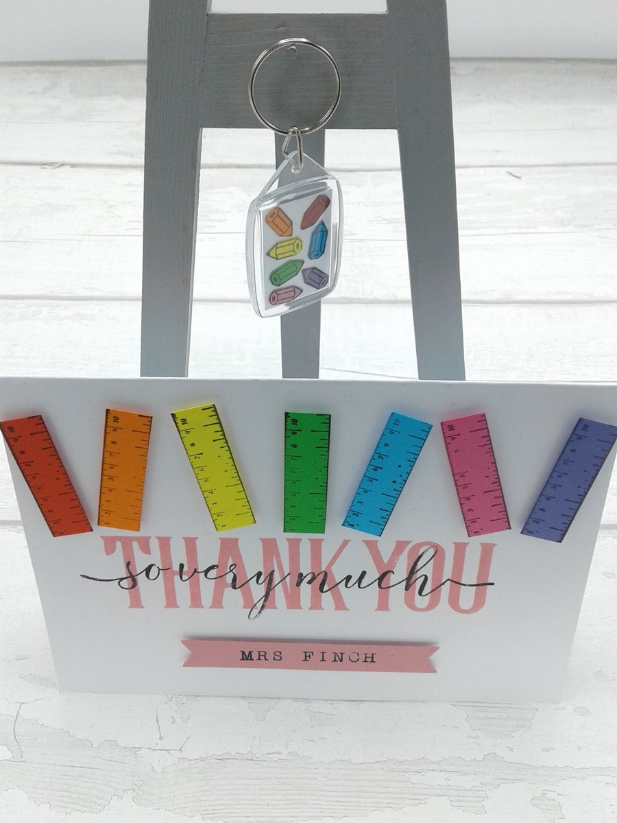 Teacher thank you card and gift. Personalised card and personalised key ring.