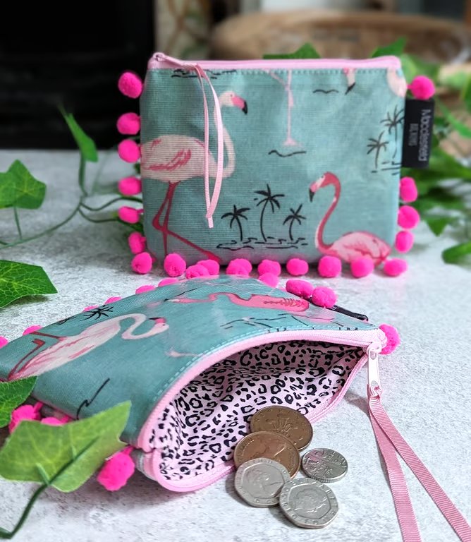 Flamingo Print Oilcloth and Vibrant Pink Pom-pom Pouch Purse P&P included
