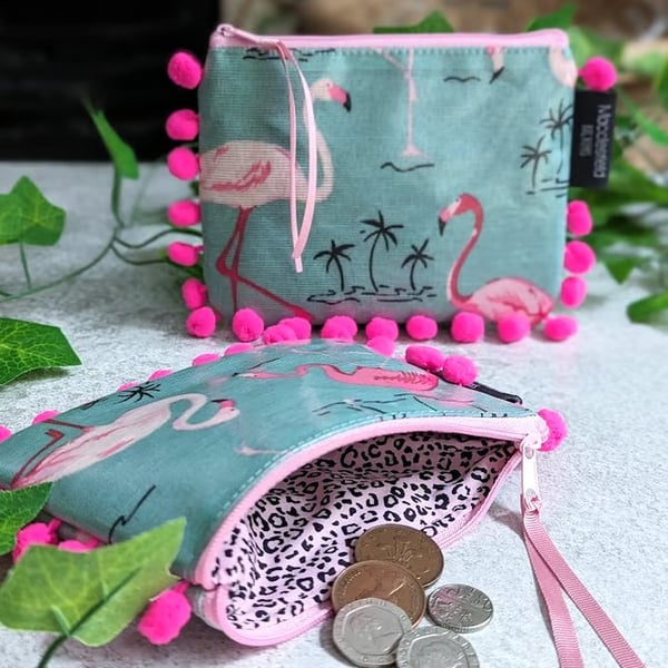 Flamingo Print Oilcloth and Vibrant Pink Pom-pom Pouch Purse P&P included