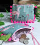 Flamingo Print Oilcloth and Vibrant Pink Pom-pom Pouch Purse P&P included