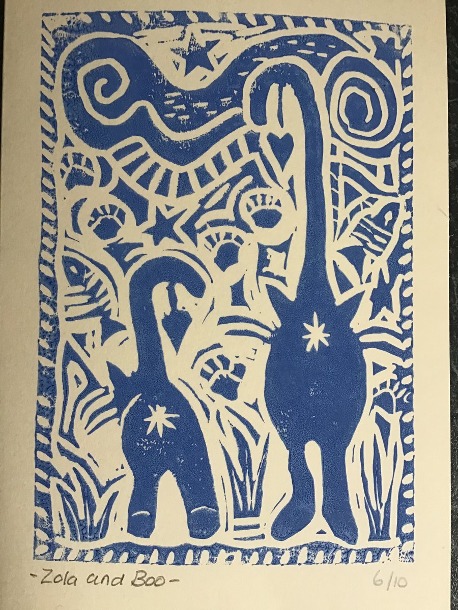 “Zola and Boo” Linoprint card.