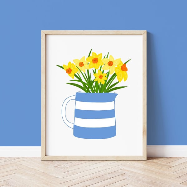 Daffodils in a Cornishware Jug, Wall Art Print, Unframed Art Print