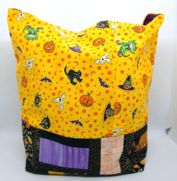 Halloween Trick or Treat Bag, Handmade Pumpkin Cat Tote