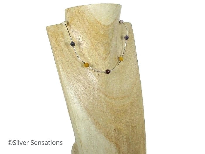 Multi Colour Mookaite Jasper & Sterling Silver Curve Tubes Necklace