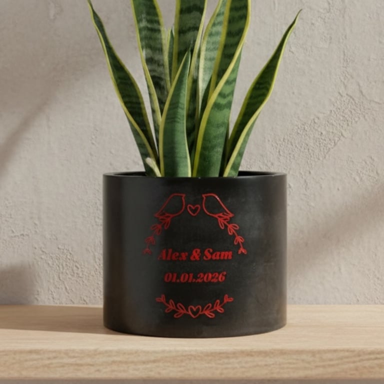 Personalised Black Plant Pot with Red Text 