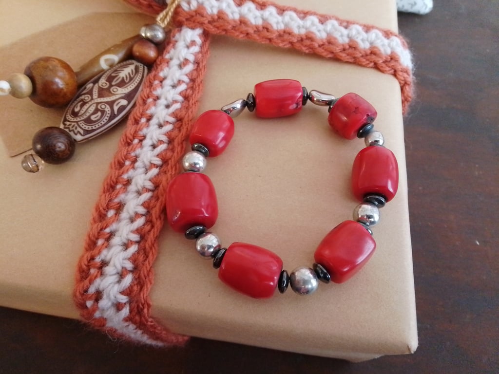 Handmade bracelet made using pre-loved beads.
