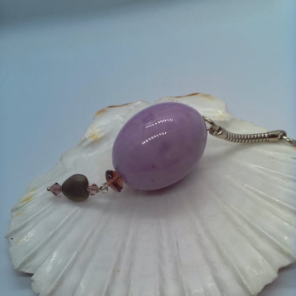 Mottled Purple Puffed Oval Ceramic Key Ring with Saucer Bead and Flower Charm