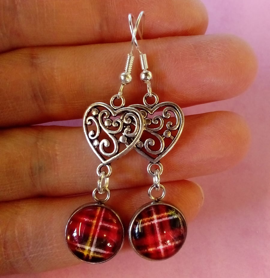 Tartan heart dangly earrings, Royal Stewart plaid, handmade in Scotland