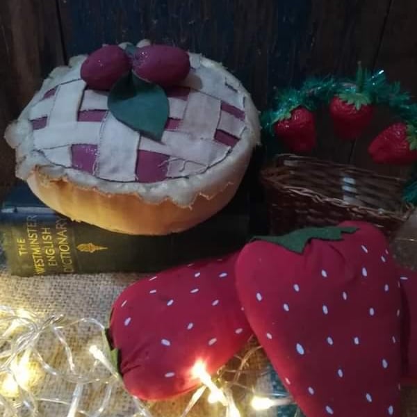 Strawberry gift set, primitive textile art, pie decoration, decorations